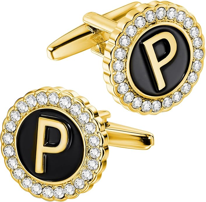 HAWSON A-Z Initial Cufflinks for Men and Women with Clear Crystal, Gold Silver Color Rasied Letter A-Z Cuff Links for French Shirt, Gift for Normal and Business Wearing
