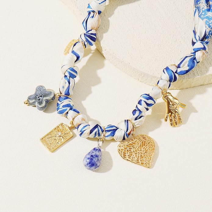 Coiris Charm Scarf Necklace for Women Boho Fabric Bandana Choker Vintage Heart Predent Beach Necklace for Women