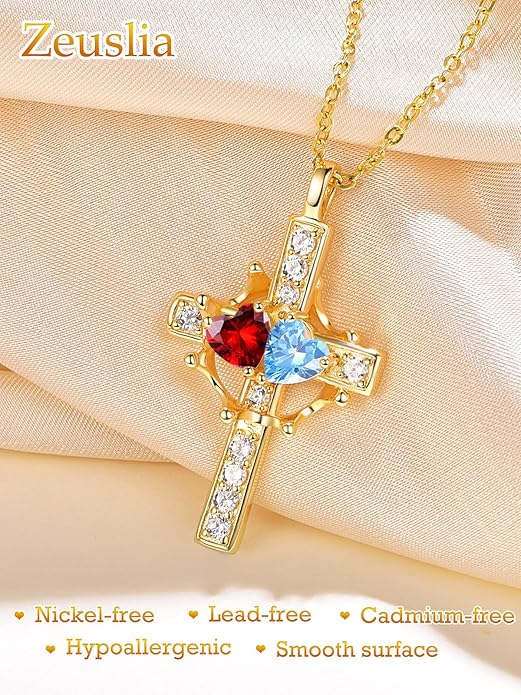 Zeuslia Double Birthstone Necklace Gifts for Wife - 925 Sterling Silver Sunflower/Rose/Crown Cross/Compass/Heart Pendant I Love You Necklace, Anniversary Birthday Gifts for Wife Girlfriend Mom Her