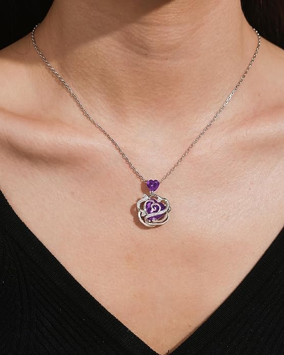 FANCIME Thornless Pulse Birthstone Necklace for Women Sterling Silver Rose Pendant Fine Jewelry Gemstone Birthday Valentines Day Gifts for Wife Her