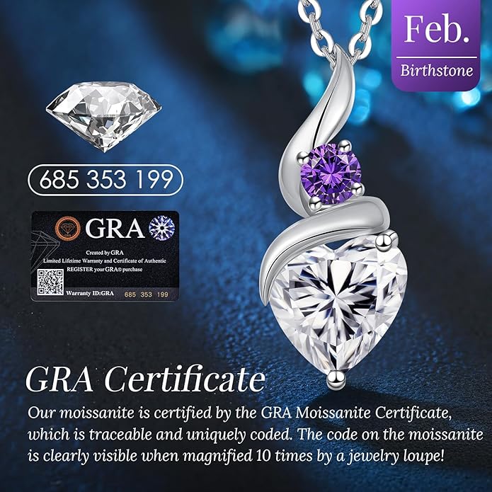 Moissanite Heart Pendant Necklaces for Women, 925 Sterling Silver Necklace with Birthstone, Ideal Anniversary Present or Birthday Christmas Valentine Mothers Day Jewelry Gifts for Mom Wife Her Girlfriend