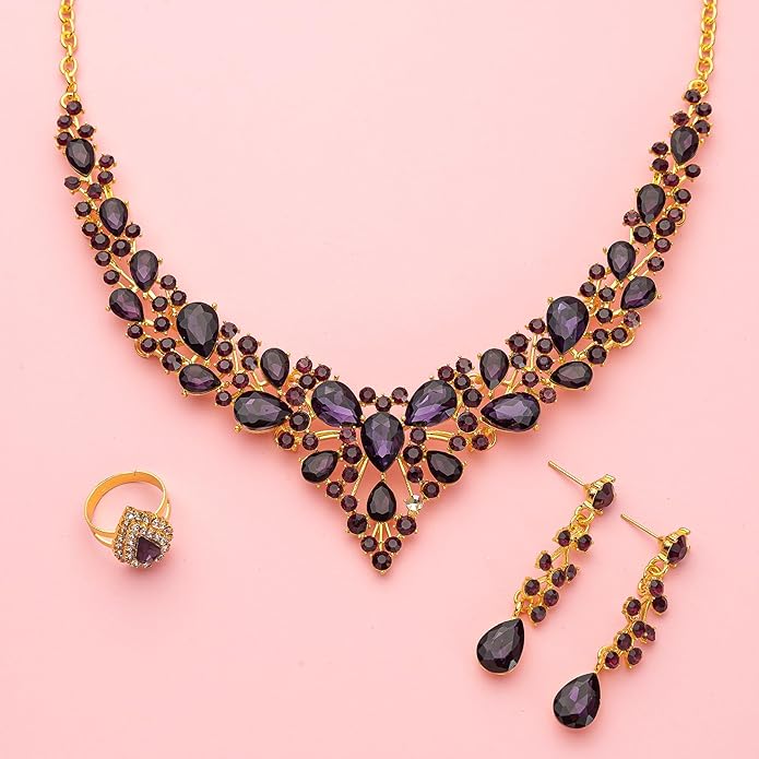 Paxuan Crystal Bridal Wedding Jewelry Sets for Women Rhinestone Teardrop Crystal Statement Choker Necklace Drop Earrings Link Bracelets Rings Teardrop Jewelry Set for Brides Bridesmaids