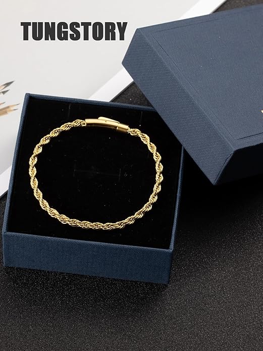 Men's 18K Gold Filled Bracelet - 8 Inch Rope Chain Bracelet with Easy-On Bayonet Clasp, Jewelry Box Included, Anniversary Birthday Gift for Men - Hypoallergenic Non-Tarnish, 4mm, Hip-Hop Accessory