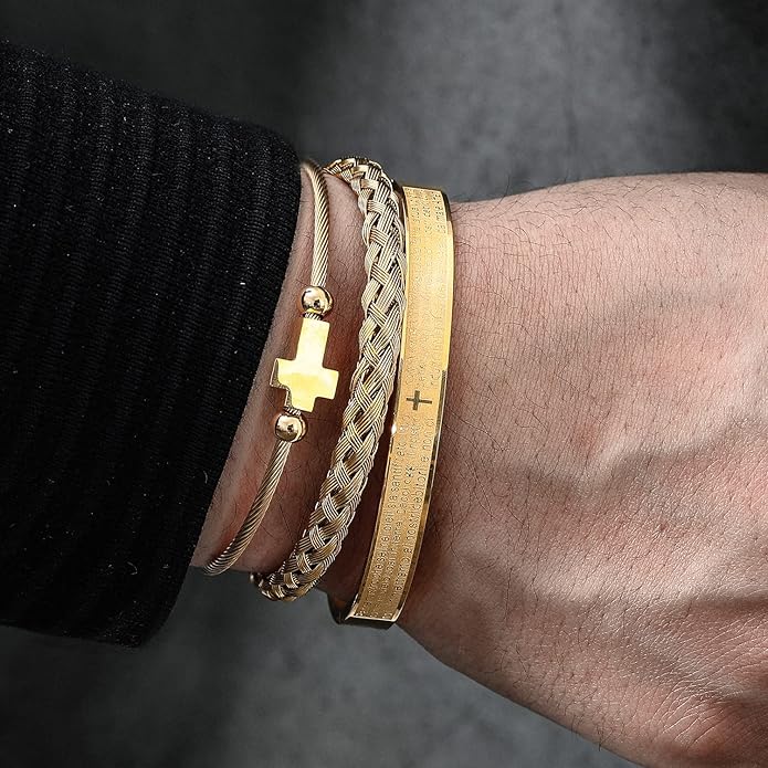 WFYOU 3PCS Stainless Steel Bracelets for Men Gold Roman Numeral Bangle Bracelet Twisted Cable Bracelet Adjustable Cuff Bracelet Mens Luxury Jewelry Bracelets Gifts