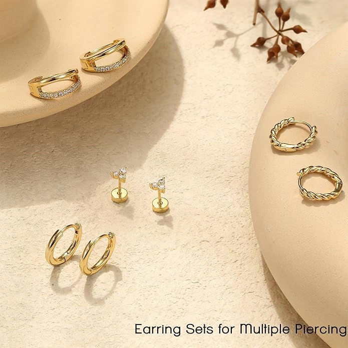 BESTEEL Small Hoop Earrings for Women - Hypoallergenic 14K Gold Plated Surgical Steel Chunky Huggie Earings Stacks Set Dainty Cute Cartilage Flat Back Stud Jewelry Trendy Gift 4 Pairs