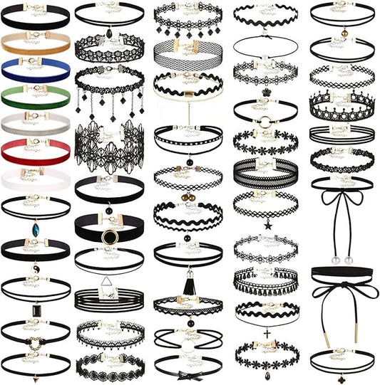 K&Q 52 PCS Choker Necklace, Classic Gothic Black Cute Lace Velvet Collar Choker Necklace Set