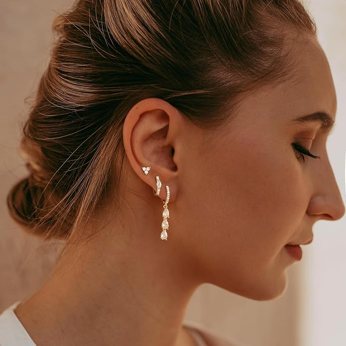 3 Pairs Earrings Set for Multiple Piercings, Gold Plated Studs Hoop Earrings Stack, CZ Dangle Earrings Set, Hypoallergenic for Sensitive Ears, Women's Gift