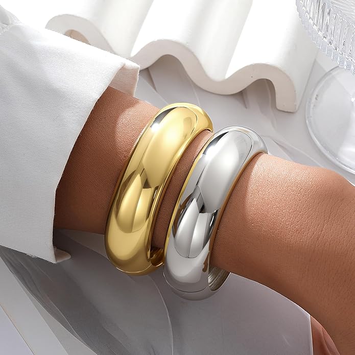 Gold Silver Bangles Bracelet for Women Trendy, 14K Gold Plated Dainty Thick Chunky Cuff Bracelet Stack