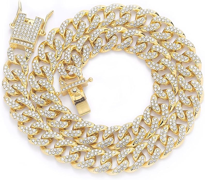EMESLY Miami Cuban Link Chain 14K Gold Plated Necklace (16, 18, 20, 22, 24, 30 Inches Length); Hip Hop Bracelet (8" Length) for Men & Women; Perfect Iced Out Bling Jewelry Gift