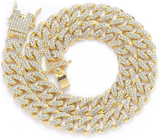 EMESLY Miami Cuban Link Chain 14K Gold Plated Necklace (16, 18, 20, 22, 24, 30 Inches Length); Hip Hop Bracelet (8" Length) for Men & Women; Perfect Iced Out Bling Jewelry Gift