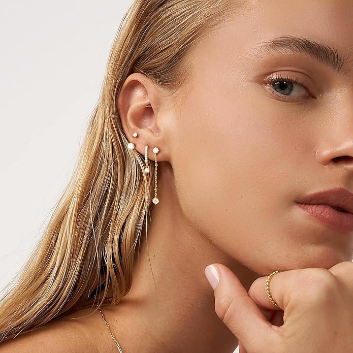 3 Pairs Earrings Set for Multiple Piercings, Gold Plated Studs Hoop Earrings Stack, CZ Dangle Earrings Set, Hypoallergenic for Sensitive Ears, Women's Gift