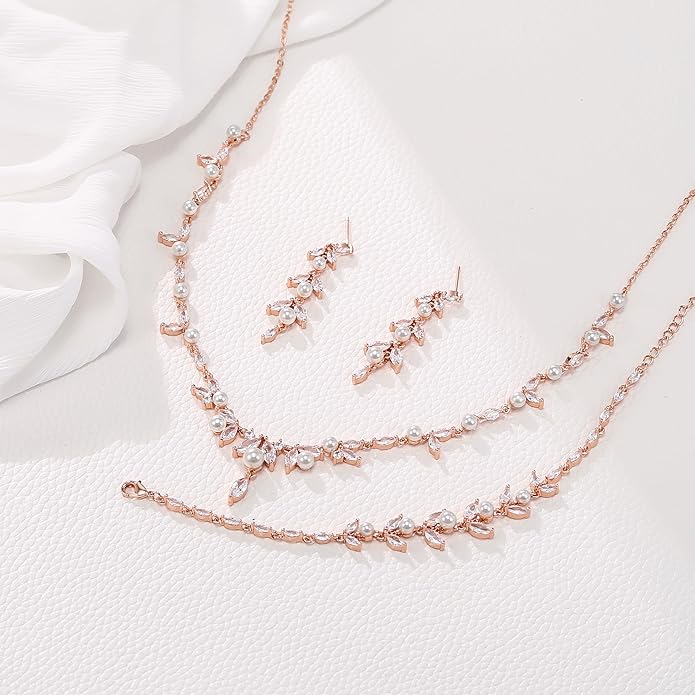 EleQueen Women's Simulated Pearl Wedding Jewelry Set, Cubic Zirconia Marquise Floral Bridal Necklace Earrings Bracelet Sets