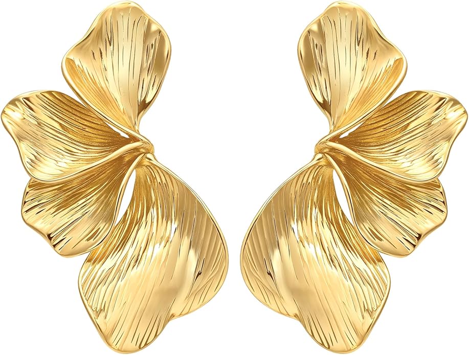 Womens Floral Gold Studs Earrings - 14K Gold Plated Earring,Personality Summer Big Flower Stud,Hypoallergenic Statement Chunky Ear Rings Aretes Trendy Jewelry,Christmas Birthday Prom Gifts for Her