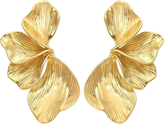 Womens Floral Gold Studs Earrings - 14K Gold Plated Earring,Personality Summer Big Flower Stud,Hypoallergenic Statement Chunky Ear Rings Aretes Trendy Jewelry,Christmas Birthday Prom Gifts for Her