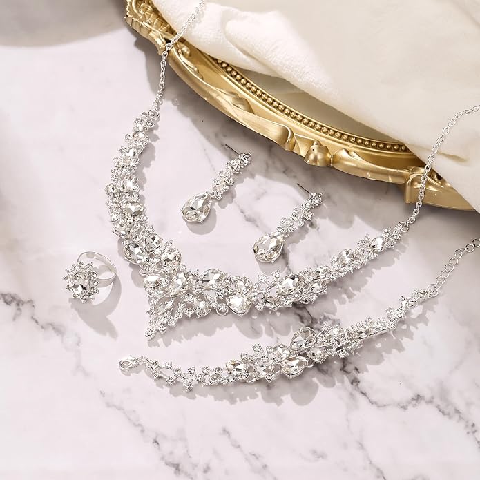 BriLove Wedding Bridal Jewelery for Women Austrian Crystal Teardrop Cluster Statement Necklace Dangle Earrings Link Bracelet Set