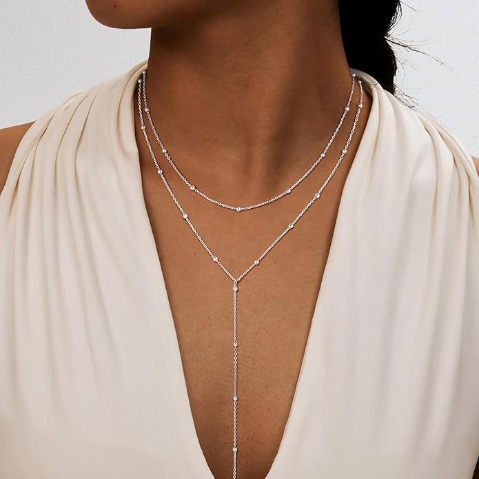 Foxgirl Lariat Gold Necklace for Women, Dainty Long Necklace 14k Gold Plated/Silver Y-Shaped Pendant Necklace Trendy Layered Cz Beaded Chain Drop Necklaces Simple Gold Jewelry For Women Gift