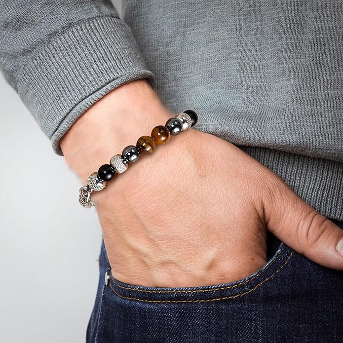 RANKEEF Mens Bead Bracelet Set - Adjustable Elastic Rope With 6&8MM Natural Stone Multi-Colored Beads - Tiger Eye Bracelets for Men - Gift