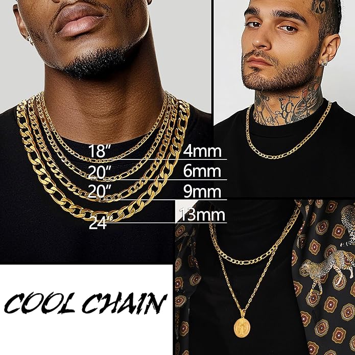 PROSTEEL 316L Stainless Steel Figaro Cuban Chain Necklace for Men, Black/18K Real Gold Plated, 4/5/6/7.5/9/10/13mm, 14inch-30inch, Come with Box