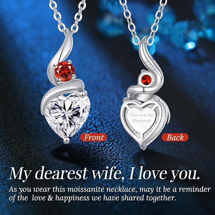 Moissanite Heart Pendant Necklaces for Women, 925 Sterling Silver Necklace with Birthstone, Ideal Anniversary Present or Birthday Christmas Valentine Mothers Day Jewelry Gifts for Mom Wife Her Girlfriend