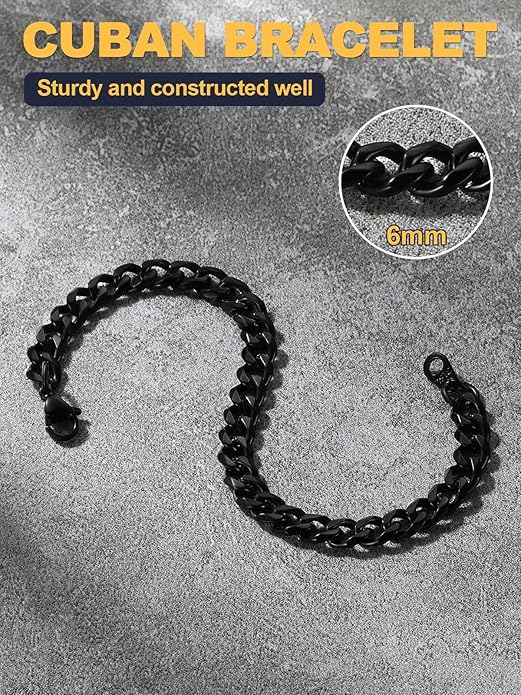 U7 Link Bracelets for Men, Cuban Link/Rope/Watch Band Solid Bracelet, Silver Black Gold Color Wrist Bracelet 3/6/9/12/15mm Width, 6.5/7.5/8.3 Inch Length, Hand Chain Jewelry for Mens Women