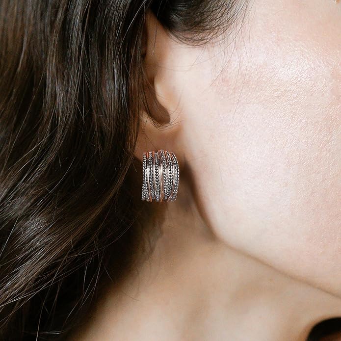 Two Tone Earrings for Women Gold and Silver Crossover Half Hoop Statement Earring Designer Stud Earrings