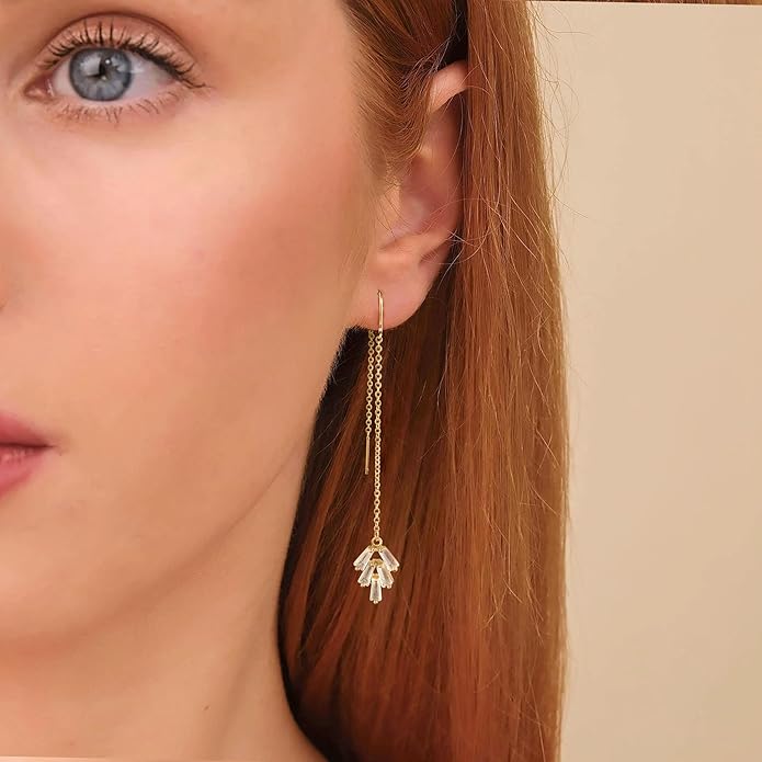 Gold Earrings for Women,Dainty 14k Gold Plated Pearl Drop Earring Dangle Pearl Dangling Earrings for Women Trendy Small Cute Wedding CZ Earring Long Chain Threader Prom Jewelry Gifts