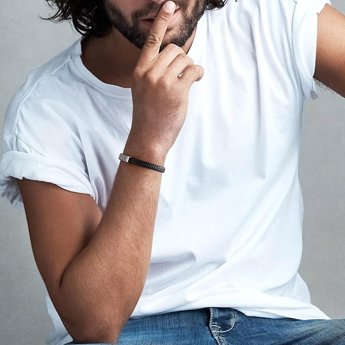 Leather Bracelets for Mens Gifts - Premium Genuine Leather Adjustable Stainless Steel Magnetic Clasp Mens Initial Bracelet, Unique Gifts for Men Husband Dad Son