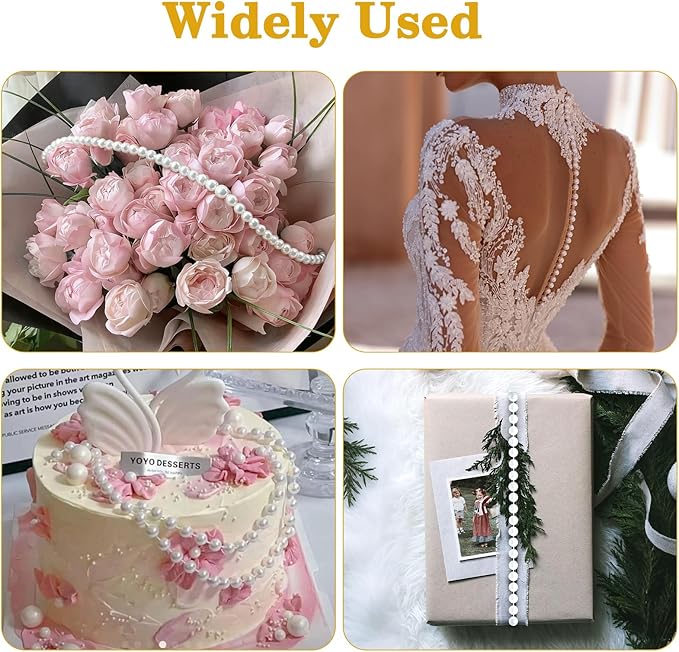33 Feet Faux Pearl Garland, 10mm Pearl String Roll Strands, Extended String of Pearls Garland for Christmas Tree Wedding Party Decoration Centerpieces Flowers DIY Crafts (White)