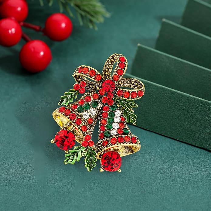 FERVENT LOVE Vintage Christmas Bowknot Double Bells Brooch with Green Leaves and Colorful Rhinestones for Women