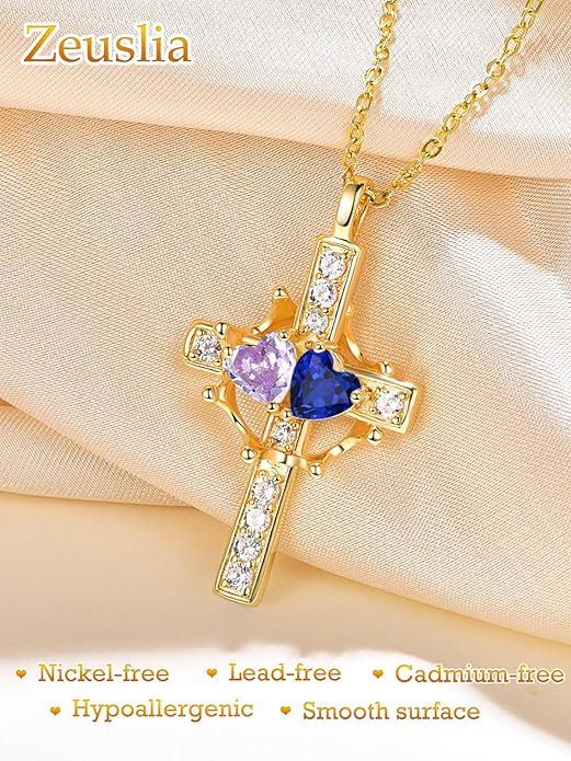 Zeuslia Double Birthstone Necklace Gifts for Wife - 925 Sterling Silver Sunflower/Rose/Crown Cross/Compass/Heart Pendant I Love You Necklace, Anniversary Birthday Gifts for Wife Girlfriend Mom Her