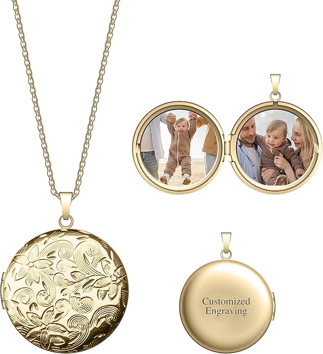 Locket Necklace for Women Girls, 18” Jewelry Chain, Picture Photo Inside, Cadenas para mujer, Personalized Custom Name Gold Locket, Customized Couples Locket, Silver, Rose Gold, Gold