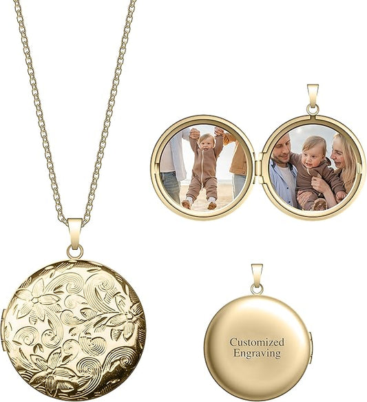 Locket Necklace for Women Girls, 18” Jewelry Chain, Picture Photo Inside, Cadenas para mujer, Personalized Custom Name Gold Locket, Customized Couples Locket, Silver, Rose Gold, Gold