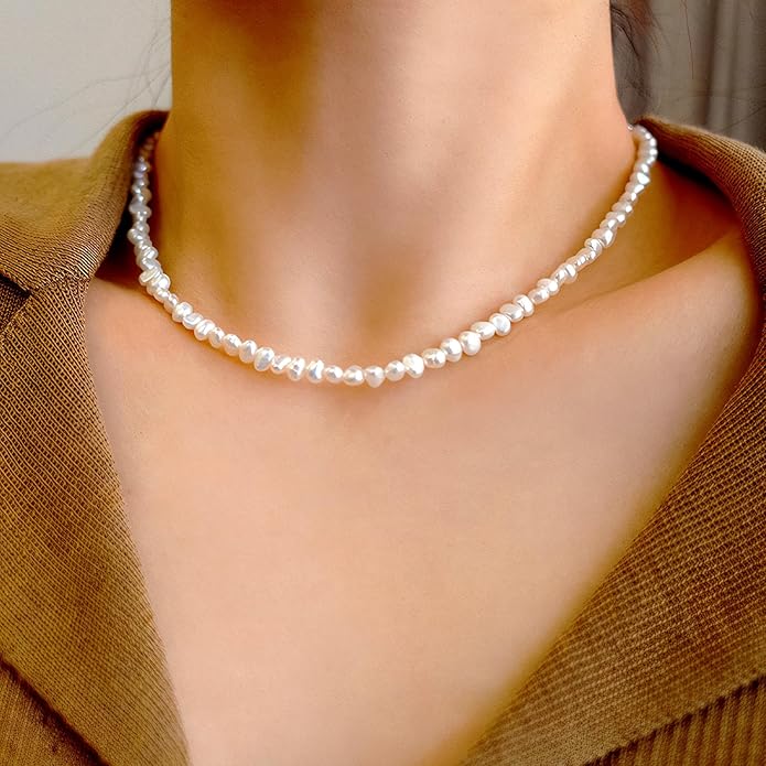 Natural Pearls Choker Necklace for Women Freshwater Baroque Pearl Strand Necklace Chain Cultured Baroque Pearl 18K Gold Plated & S925 Sterling Silver Clasp Choker