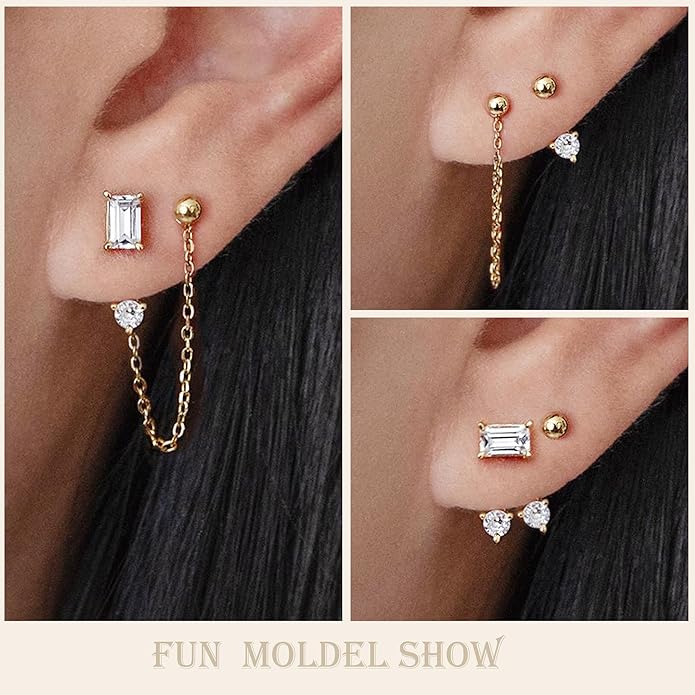Freekiss Gold Chain Studs Earrings for Women Trendy: Hypoallergenic 14K Gold Plated Dangle Earrings Dainty Small Long Chain Earring Set Fashion Gold Jewelry for Women