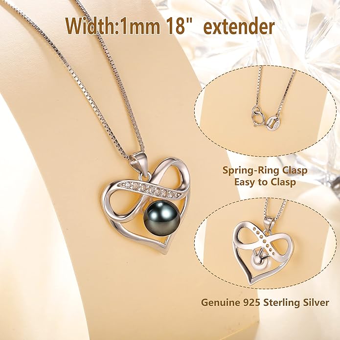 Black and White Pearl Heart Pendant Necklace - Gift for Women Wife Wedding Birthday Anniversary - Mom Girlfriend Her on Mothers Day Valentines Day Christmas - 18K Gold Plated Sterling Silver