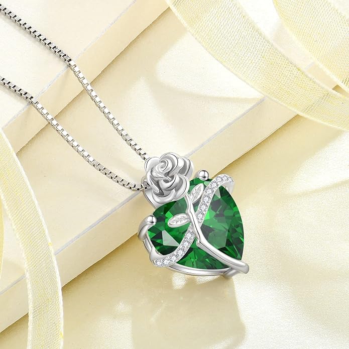 Birthstone Necklace for Women 925 Sterling Silver Love Heart Rose Flower Necklace Dainty Jewelry Gifts for Women Wife Girlfriend Mother Daughter Her