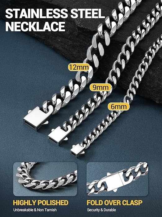 PROSTEEL Miami Cuban Link Chain for Men, 18K Gold/Black/Stainless Steel Necklace,6mm/9mm/12mm Width, Upgrade Clasp & Durable Chain for Mens Womens Jewelry,18"-30",with Gift Box