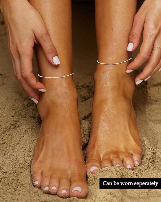 FUNEIA Gold Silver Ankle Bracelets for Women Waterproof 14K Gold Plated Anklets for Women Non Tarnish Dainty Layered Beaded Heart Anklet Set Summer Beach Foot Chain Jewelry Gifts Trendy Stuff