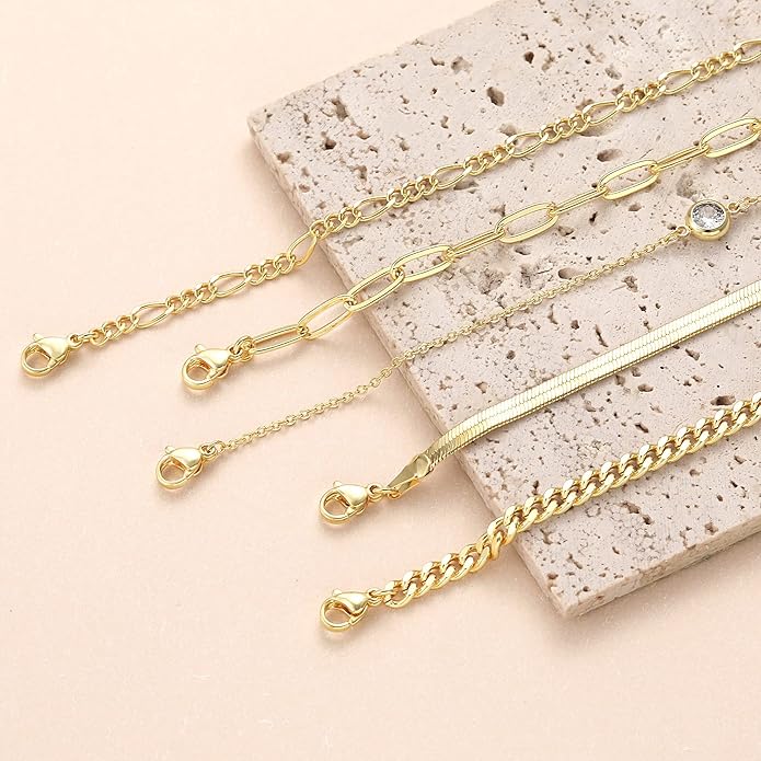 DEARMAY Waterproof Gold Plated Bracelets Set for Women Trendy, Dainty 14K Gold Jewelry Fashion Stackable Tennis Beaded Figaro Herringbone Paperclip Link Bracelet Pack Stack Gifts for Women