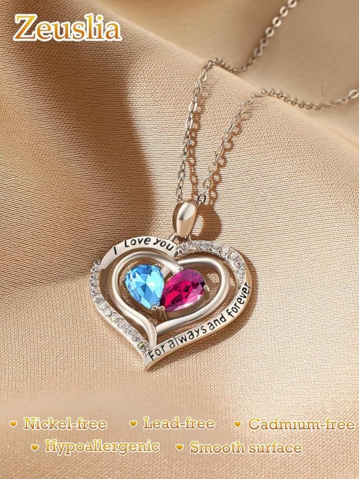 Zeuslia Double Birthstone Necklace Gifts for Wife - 925 Sterling Silver Sunflower/Rose/Crown Cross/Compass/Heart Pendant I Love You Necklace, Anniversary Birthday Gifts for Wife Girlfriend Mom Her