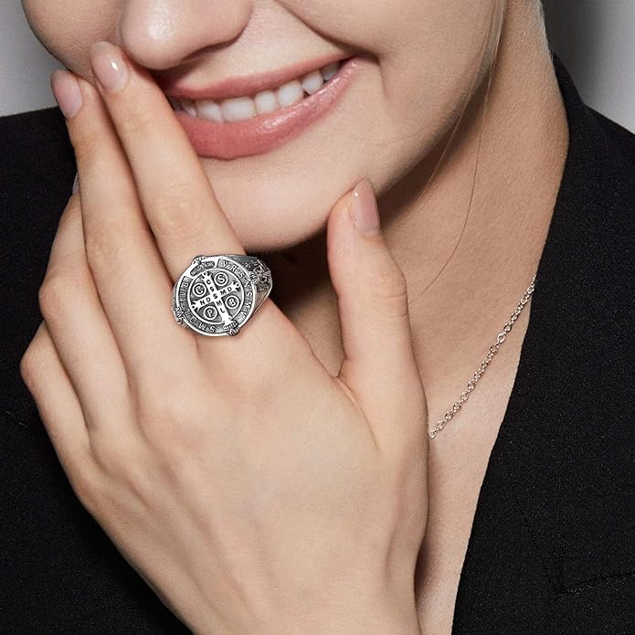 EUDORA S925 Sterling Silver St Benedict Ring San Benito Rings for Women Men, Vintage Ankh Cross Ring Saint Benedict Amulet Adjustable Rings Gifts for Women Mens Father Mother