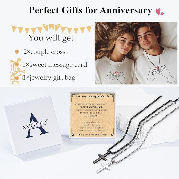 Valentines Day Matching Couple Stuff Cross Necklaces Idea Gifts for Men Women, Anniversary Birthday Engagement Gifts for Couple Boyfriend Girlfriend Husband Wife Love You Forever Cross Necklaces