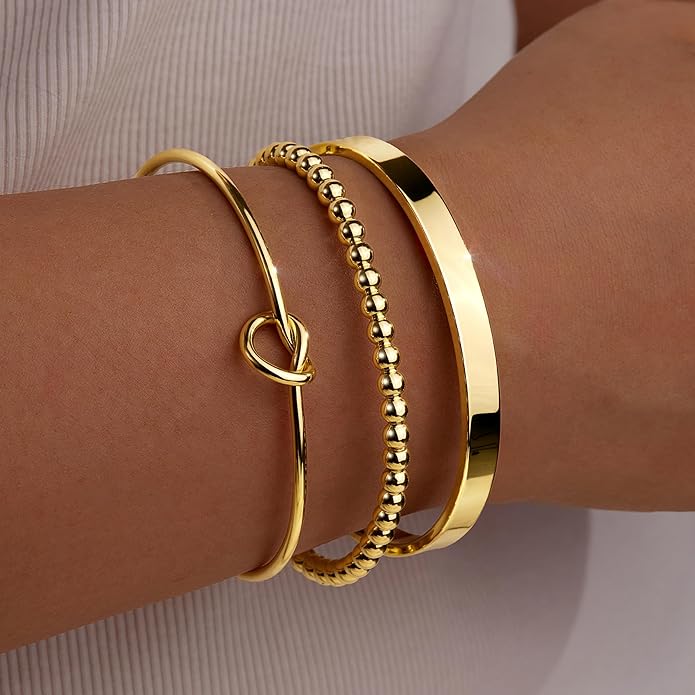 Silver Bracelets for Women Stack, Silver or Gold Plated Cuff Bangle Set, Trendy Silver Jewelry for Women Fashion
