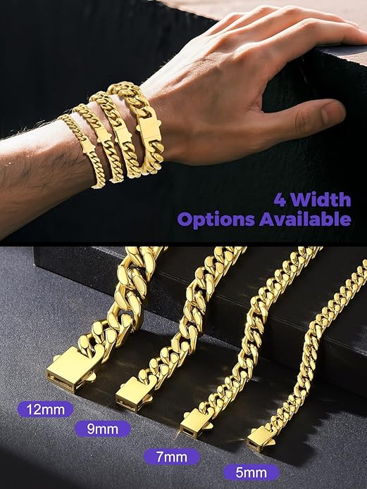 Richsteel 5/7/9/12mm Wide Miami Cuban Link Chain Bracelet for Men Women,Stainless Steel/Gold/Black Plated,7.4/8.2/9 Inch Length,Hip Hop Urban Street-wear Jewelry(Gift Wrapped)