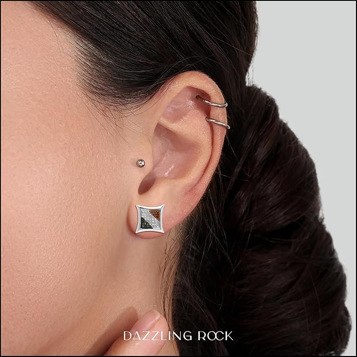 Dazzlingrock Collection 0.13 Carat (ctw) Round Blue, White & Red Diamond 11mm Micro Pave Kite Shape Hip Hop Iced Out Stud Earring (1Pc Only), Unisex Design Ladies, Mens Real Diamond Earrings