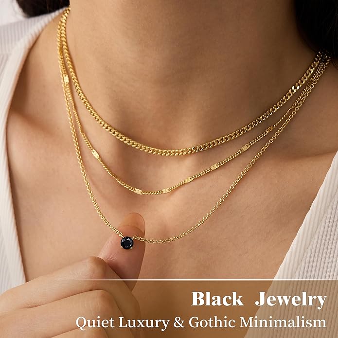 WomenGifts Layered Gold Necklaces for Women, 14K Gold Sterling Silver Plated Dainty Pendant Necklace Set with Cubic Zirconia Circle, Chunky Stackable Cuban Chain Choker, Trendy Personalized Birthstone Jewelry Gift Non Tarnish