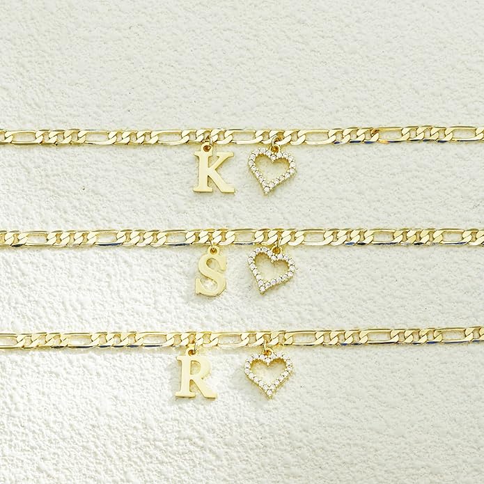Initial Ankle Bracelets for Women Waterproof 14K Gold Plated Dainty Layered Figaro Chain Letter Initial CZ Heart Ankle Bracelets Set Summer Beach Jewelry for Women