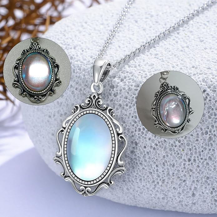 PELOVNY Rose Necklace 925 Sterling Silver Moonstone Turquoise Obsidian Necklace Victorian Cameo Rose Vintage Western Jewelry Christmas Valentines Day Gifts for Women