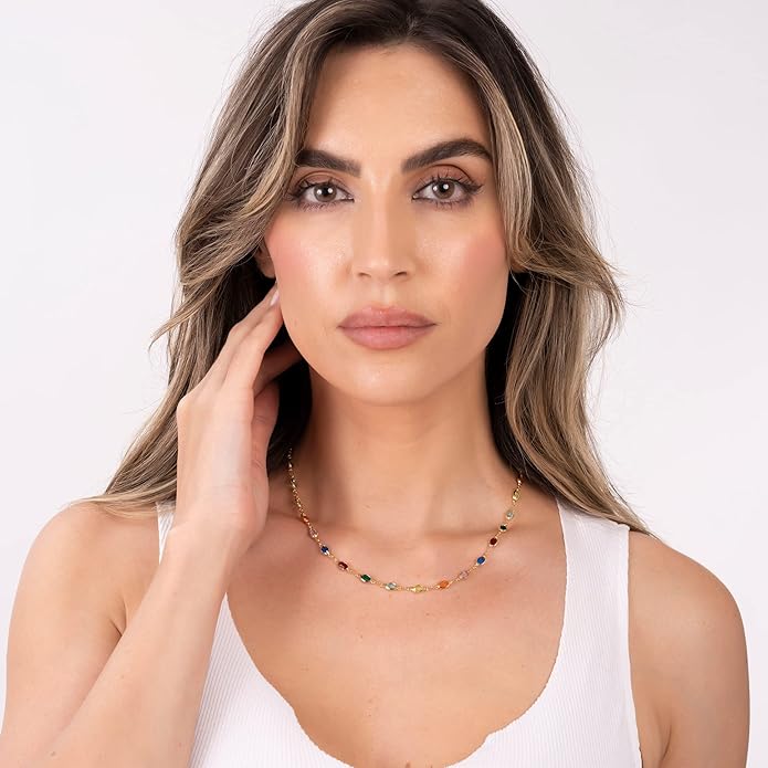 Barzel 18K Gold Plated Multicolor Stone Crystal Oval Necklace for Women - Made In Brazil
