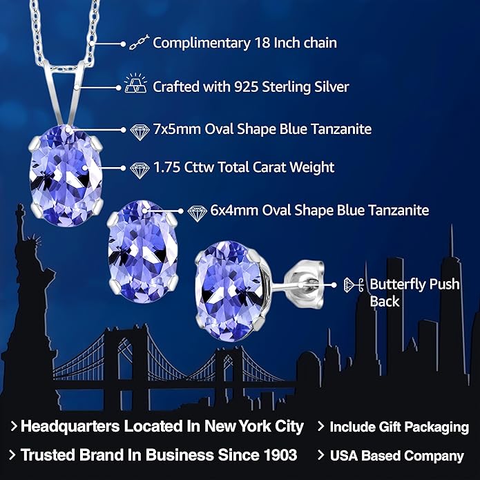 Gem Stone King 1.75 Cttw Tanzanite Pendant Necklace Earring Set For Women | 925 Sterling Silver | Oval 7X5MM and 6X4MM | Gemstone Birthstone | With 18 Inch Silver Chain